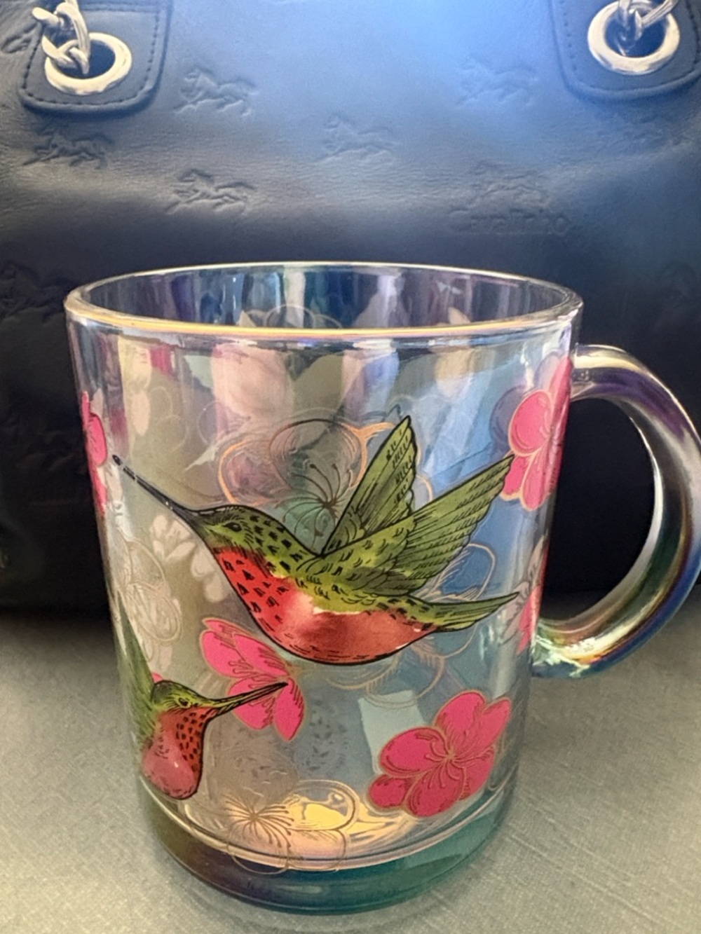 Iridescent Hummingbird Glass Mug in Green and Pink